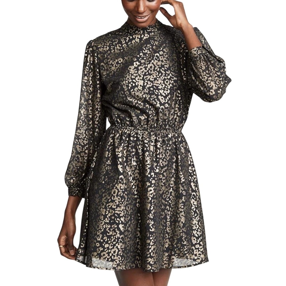 Cupcakes And Cashmere Jola Foiled Chiffon Dress Black‎ Gold XS